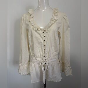 JENNI-N-JESS, Cotton Cream Ruffled Button-Down Peplum Blouse, Size M